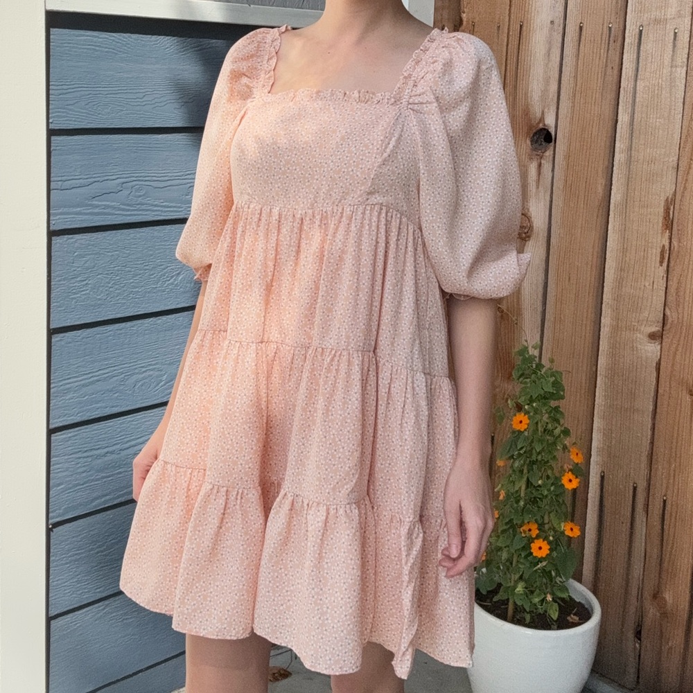 Peach CottageCore Puff Sleeve Ruffle Dress